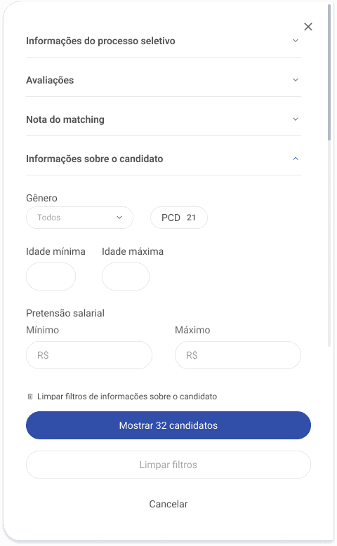 Novos filtros de idade e salário